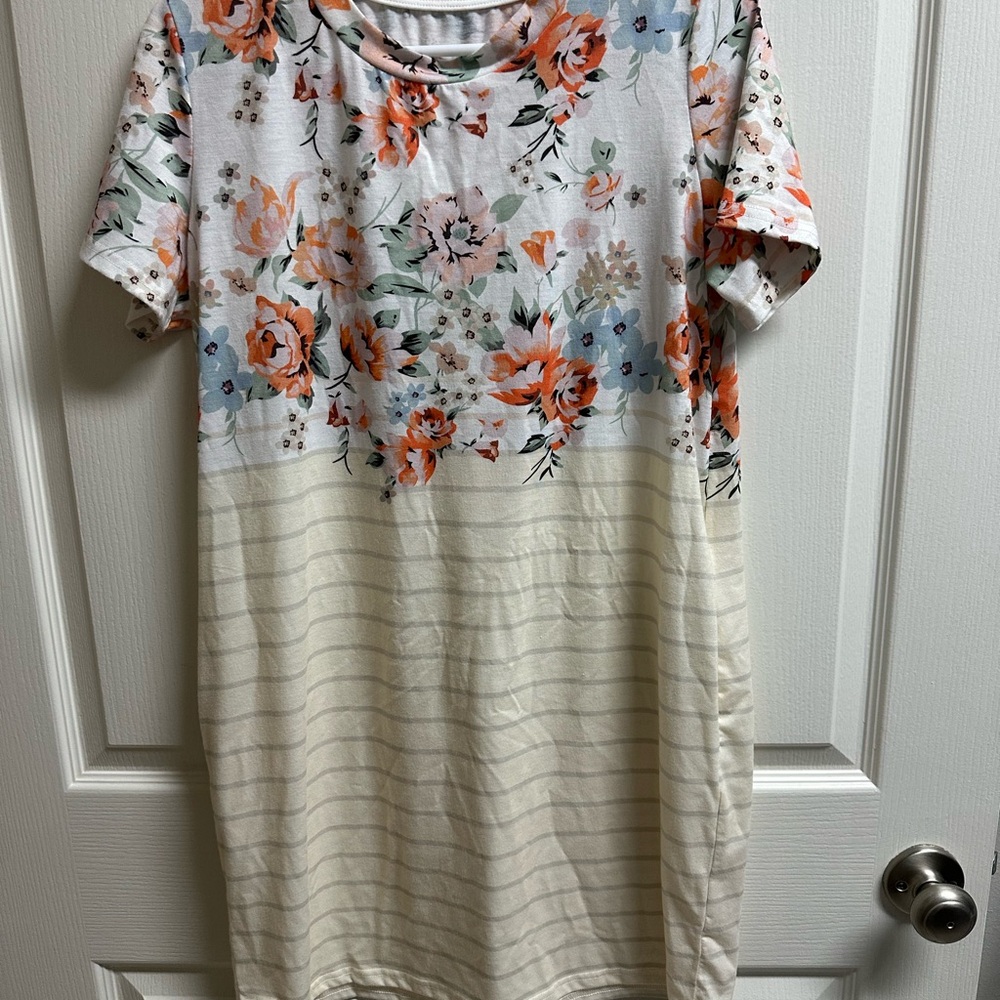 Floral and Striped Short Sleeve Dress